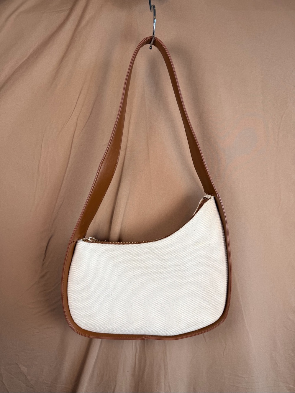 Cream Canvas Shoulder Bag Brown Trim Y2K Minimalist Hobo Purse Fall